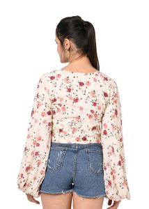 Floral Print V-Neck Bell Sleeve Crop Top