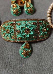 Stunning Teal & Gold Choker Necklace Set