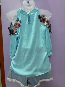 Blue Embellished Cold Shoulder Top