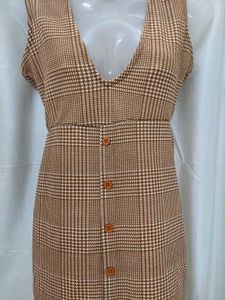 Brown Plaid Button-Up Pinafore Dress
