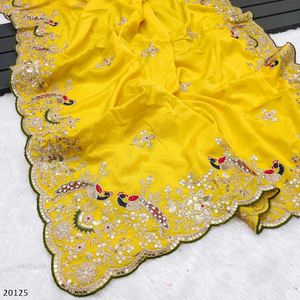 Elegant Yellow Embroidered Premium Chinon Silk Sar