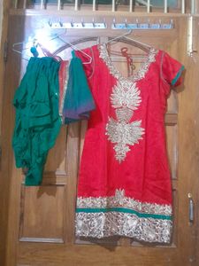 Embroidered Red Kurta Set with Green Bottom