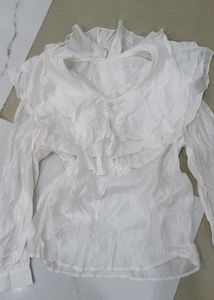 White Ruffled Neck Blouse