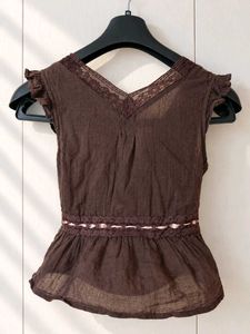 chocolate brown V-Neck Lace Trim Peasant Top