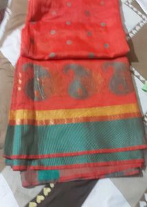 Vibrant Red Saree with Paisley Border
