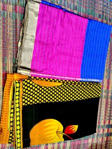 Vibrant Striped & Printed Saree 1+1 offer