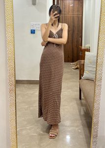 Cottage core Brown Polka Dot Maxi Dress