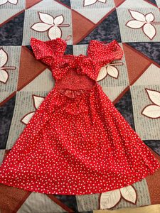 Red Smocked Puff Sleeve Dress