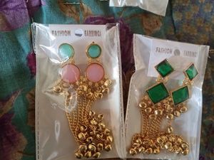 Kashmiri Gungro jumka Green Geometric and Pink Ova