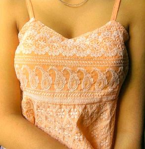 Peach🍁 Paisley Chikankari Embroidered Peplum Top
