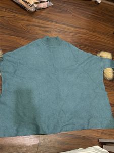 Elegant Teal Poncho with Fur Trim