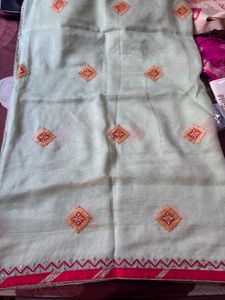 Sage Green with red Embroidered Saree