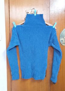 Blue Turtleneck Ribbed Sweater