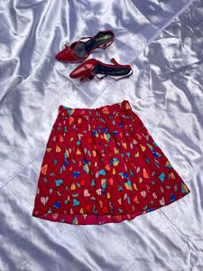 Red Leaf Print Mini Skirt