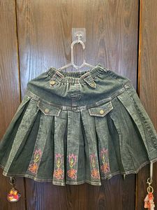 Denim Pleated Skirt with Floral Embroidery
