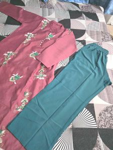 Maroon Embroidered Kurta with Teal Palazzo Pants