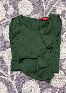 Women's Olive Green Printed Ruffle Top