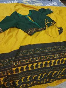 Crepe soft Yellow & Green Saree with Blouse