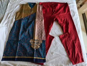 Teal & Orange Printed Sleeveless Kurta