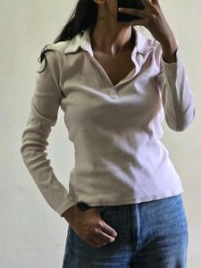 Soft Pink Collared Long Sleeve Top