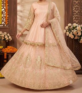 🌸 Beautiful Light Peach & Gold Heavy Net Lehenga