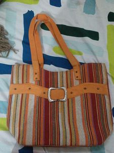 Striped Tote Bag with Buckle Detail