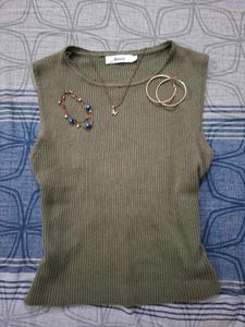 Olive Green Ribbed Sleeveless Knit Top | Basics