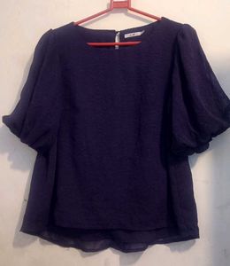 Navy Blue Textured Puff Sleeve Top