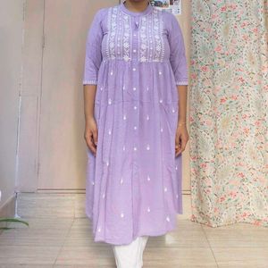 Lavender Embroidered Flared Kurta