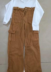 Stylish Brown Cargo Pants &amp; White Top Set