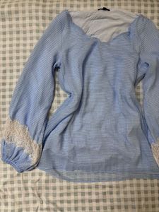 Blue Checkered Puff Sleeve Top