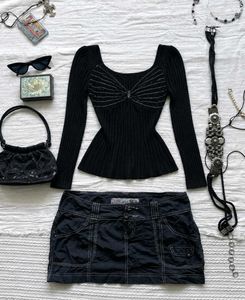 Chic Black Ribbed Long Sleeve Top