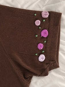 Brown Ribbed Top with Floral Embroidered De