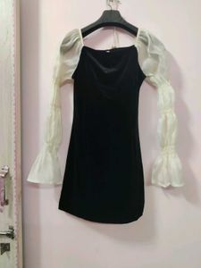 Chic Black Velvet Dress with Sheer Sleeves