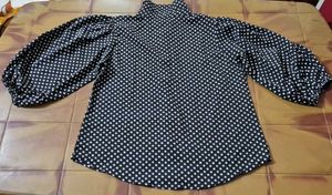 Polka Dot Puff Sleeve Button-Up Shirt