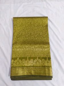 Elegant Olive Green Silk Saree with Gold Zari