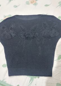 New Black Knit Top with Floral Detail