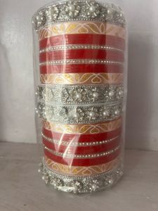 Red &amp; Silver chuda Bangles Set