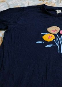 Navy Blue Floral Embroidered T-Shirt