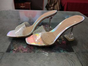Transparent Chunky Silver Shining Sparkling Heels