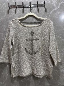 Grey Marled Top with Anchor Detail