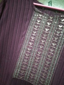 Purple Striped Kurta with Embellished Neckline