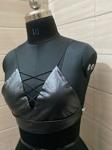 34 Black Faux Leather Lace-Up Crop Top
