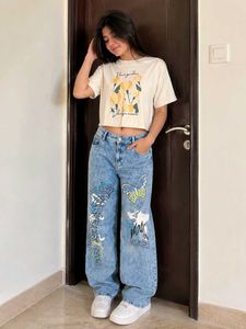 Graffiti Butterfly Wide Leg Jeans and crop top
