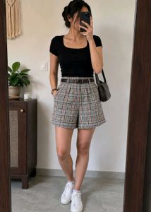 Plaid Pleated High-Waisted Shorts