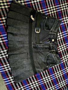 Dark Wash Pleated Denim Mini Skirt
