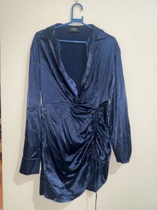 CIDER Navy Satin Ruched Dress