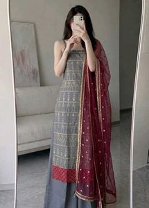 Grey and Gold Foil Print Kurta Set with Dupatta