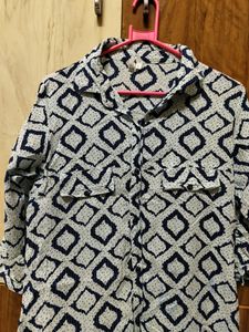 White With Blue ikat print Long Kurti
