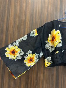 Chic Black Floral Print Blouse (Size : M)